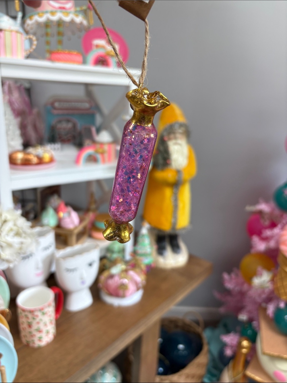 Pink Glitter Candy Ornament with Gold Ends by Glitterville